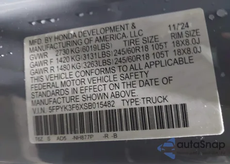 2025 Honda Ridgeline Trailsport из США, поврежденный, VIN 5FPYK3F6XSB015482